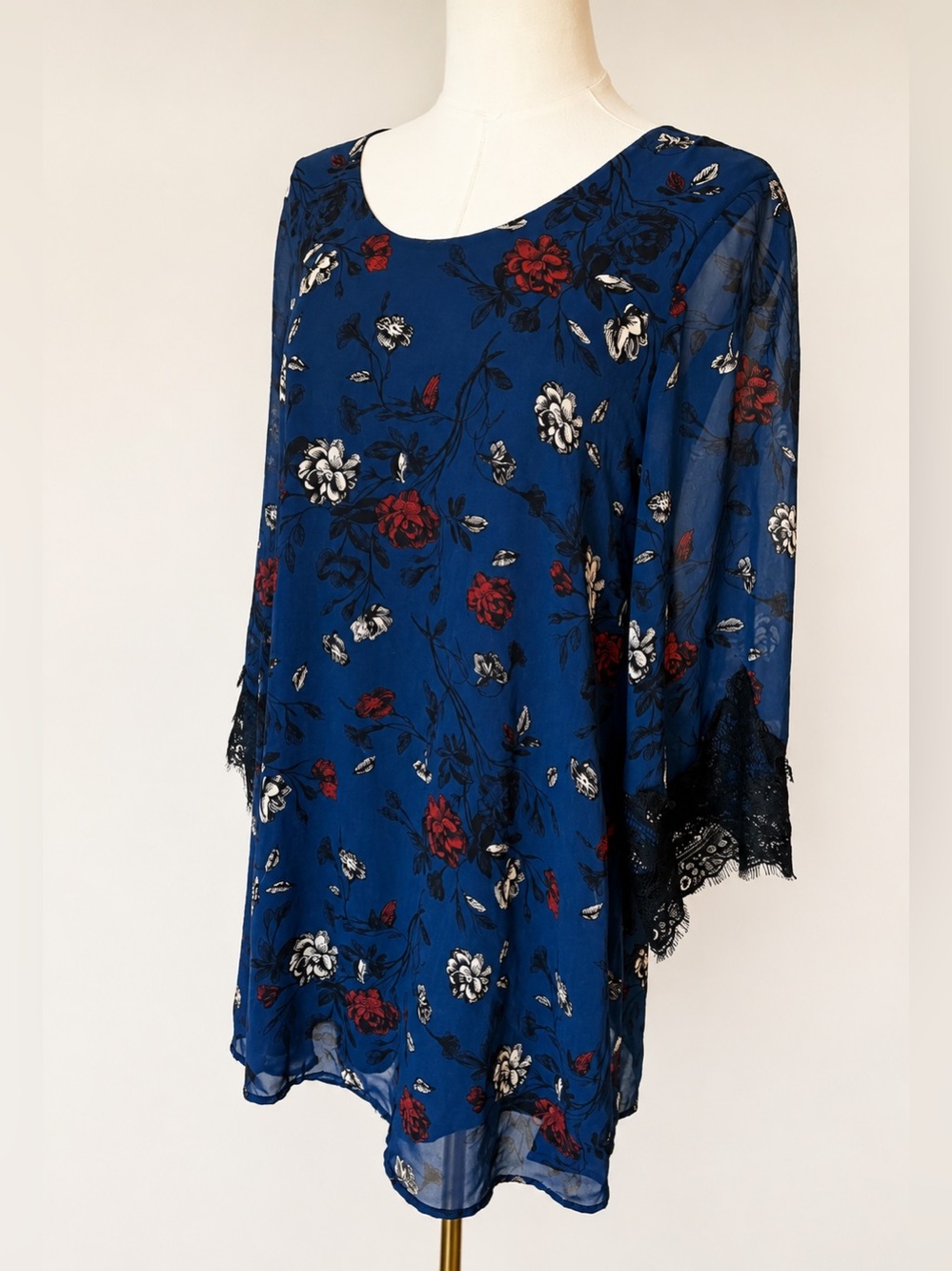 ASTR Teal Floral Chiffon Shift Dress Small Black Lace Bell Sleeve Boho